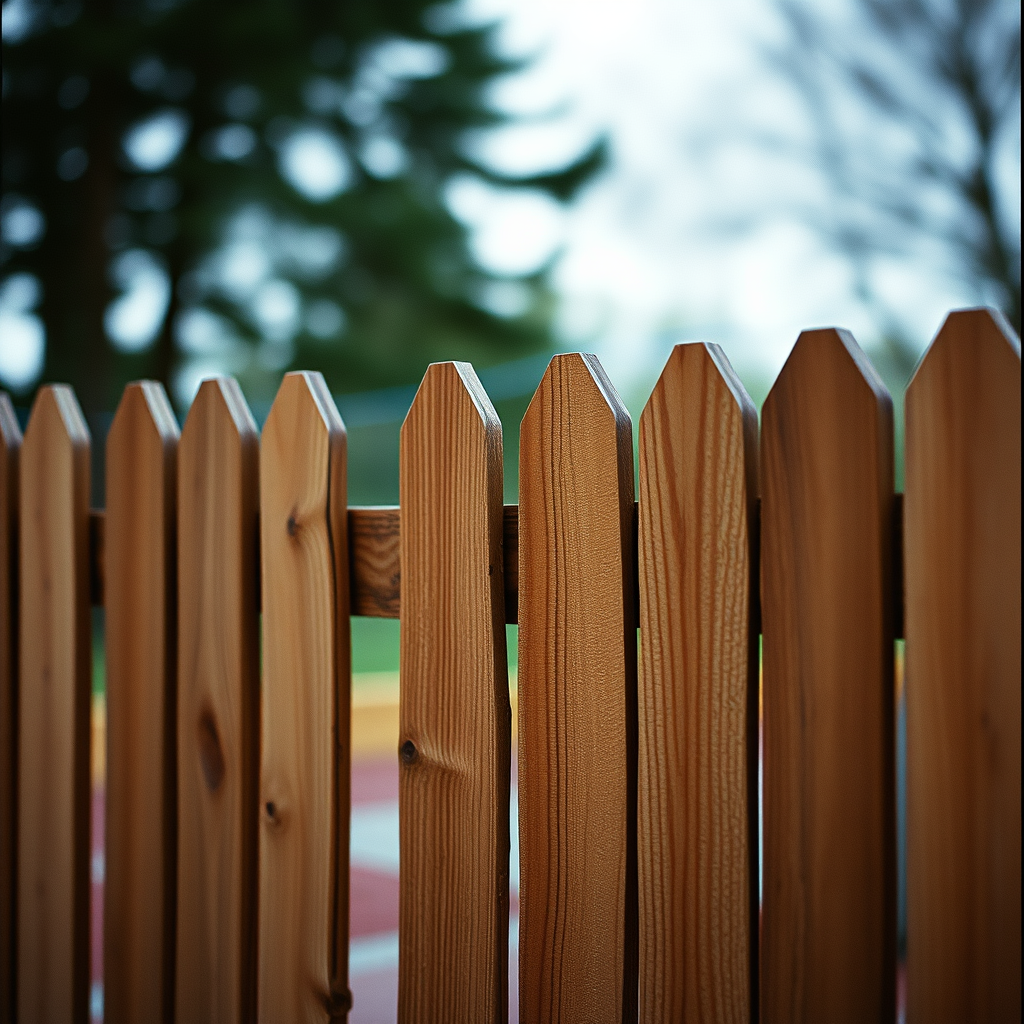 wooden picket fence with pointed tops, showcasing its natural wood finish and texture.