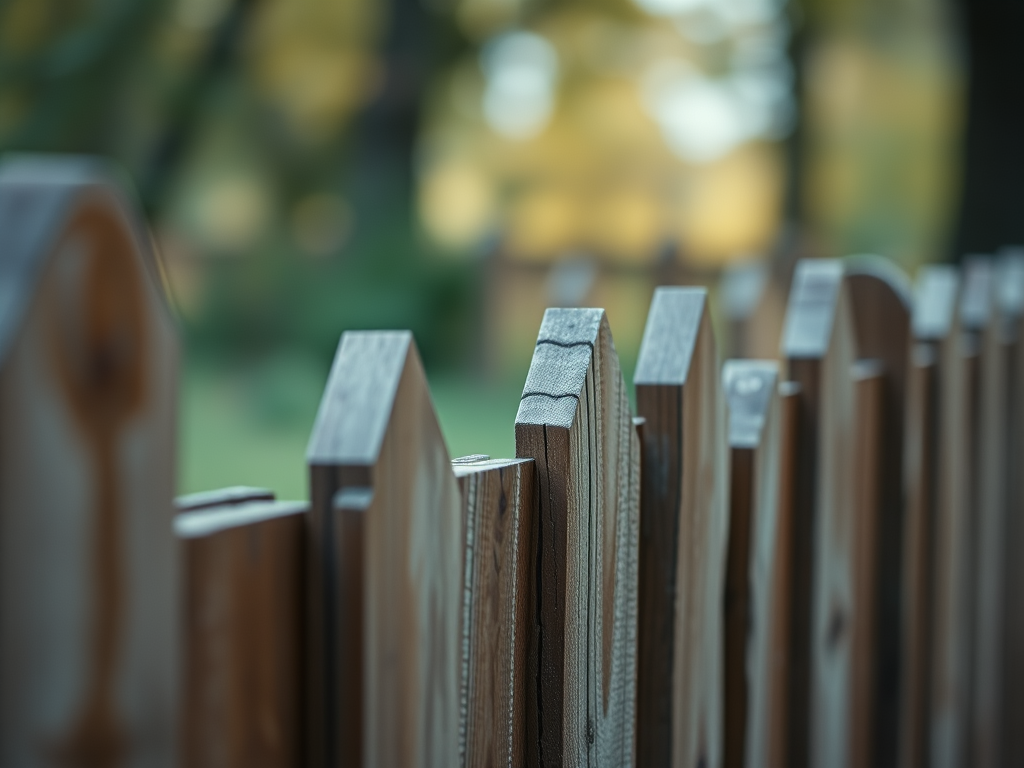 Close-up view of a wooden fence with pointed tops, showcasing the texture and natural color of the wood.